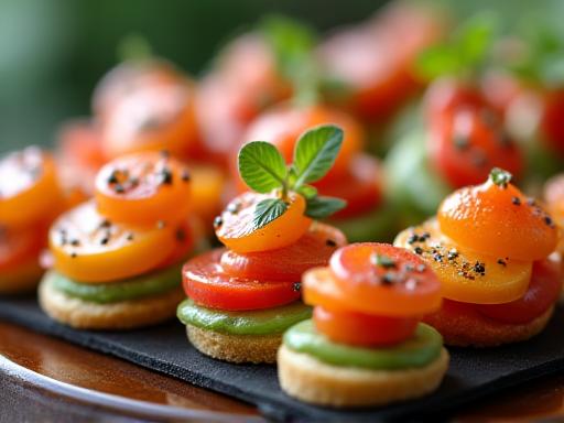 Detailaufnahme von appetitlichem Fingerfood auf einer Platte bei einem Catering-Event