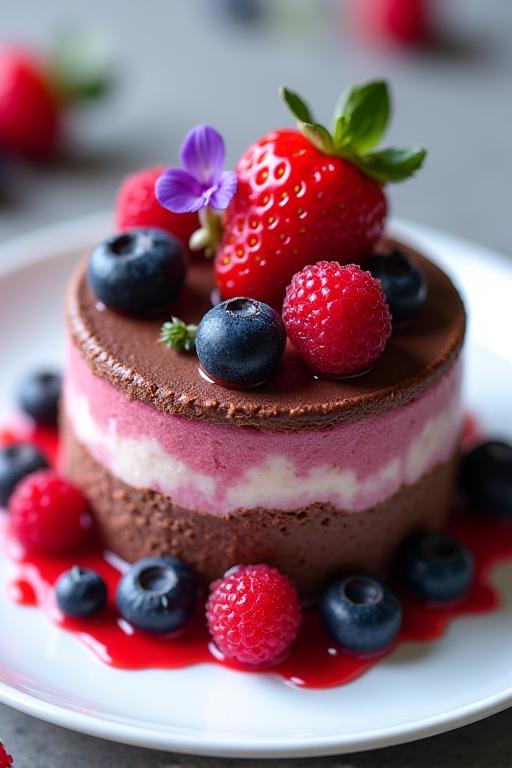 Eine künstlerisch angerichtete Desserkreation mit frischen Beeren, Schokolade und essbaren Blumen