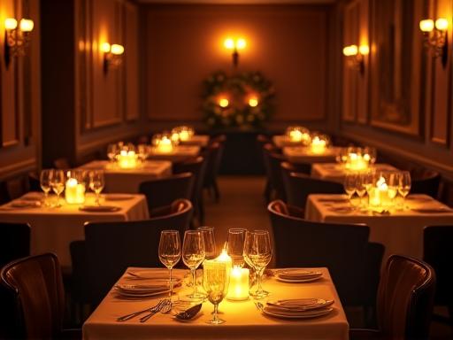 Innenansicht des eleganten Restaurants bei Kerzenlicht, mit gedeckten Tischen