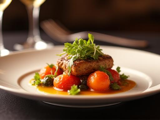 Ein elegant gedeckter Teller mit einem Gourmetgericht in einem Fine-Dining-Restaurant